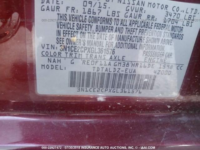 3N1CE2CPXGL361576 - 2016 NISSAN VERSA NOTE S/S PLUS/SV/SL/SR RED photo 9