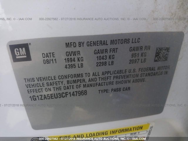 1G1ZA5EU3CF147968 - 2012 CHEVROLET MALIBU LS WHITE photo 9