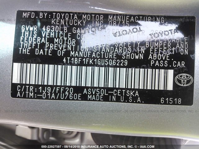 4T1BF1FK1GU506229 - 2016 TOYOTA CAMRY LE/XLE/SE/XSE SILVER photo 9