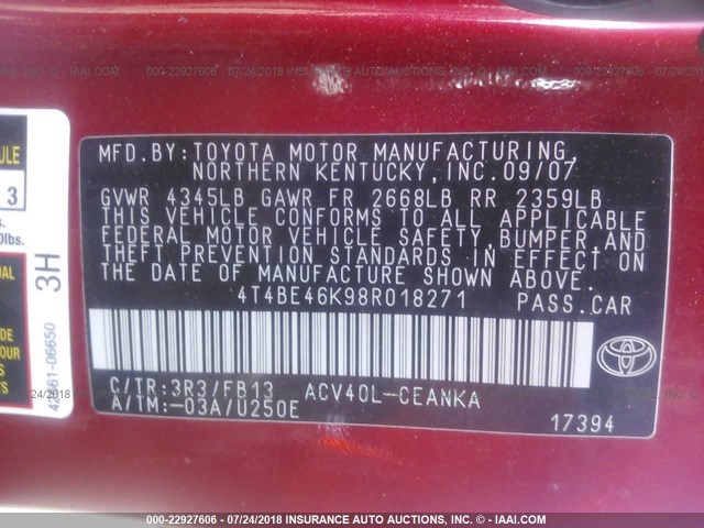 4T4BE46K98R018271 - 2008 TOYOTA CAMRY CE/LE/XLE/SE RED photo 9