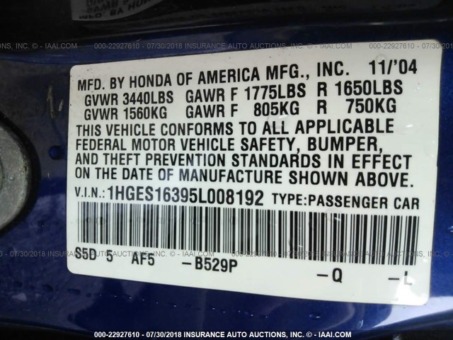 1HGES16395L008192 - 2005 HONDA CIVIC DX VP BLUE photo 9