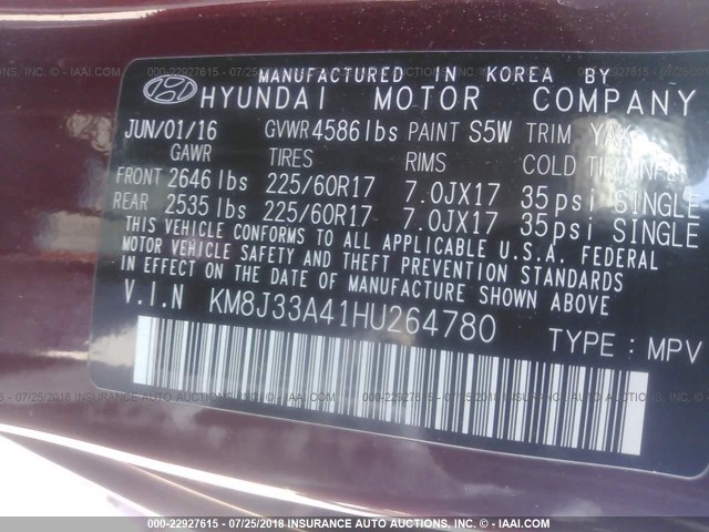 KM8J33A41HU264780 - 2017 HYUNDAI TUCSON LIMITED/SPORT AND ECO/SE RED photo 9