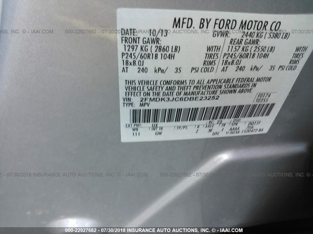 2FMDK3JC6DBE23252 - 2013 FORD EDGE SEL SILVER photo 9