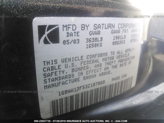 1G8AW12F53Z187868 - 2003 SATURN ION LEVEL 3 SILVER photo 9