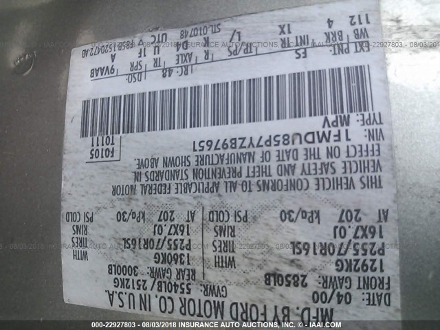 1FMDU85P7YZB97651 - 2000 FORD EXPLORER LIMITED 灰色 照片 9