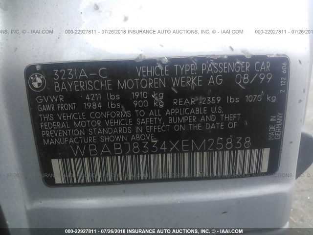 WBABJ8334XEM25838 - 1999 BMW 323 IC AUTOMATIC SILVER photo 9