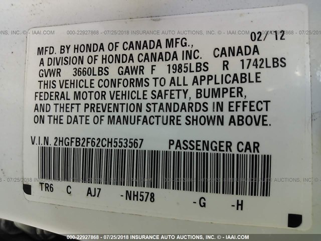 2HGFB2F62CH553567 - 2012 HONDA CIVIC HF WHITE photo 9