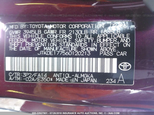 JTKDE177560120213 - 2006 TOYOTA SCION TC 栗色 照片 9