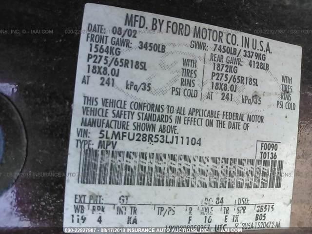 5LMFU28R53LJ11104 - 2003 LINCOLN NAVIGATOR მუქწითელი ფოტო 9