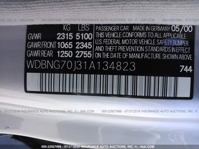 WDBNG70J31A134823 - 2001 MERCEDES-BENZ S 430 SILVER photo 9