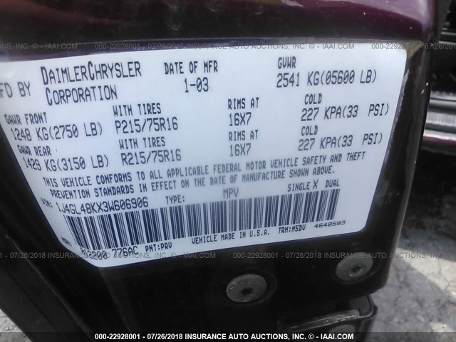 1J4GL48KX3W606906 - 2003 JEEP LIBERTY SPORT/FREEDOM ბურგუნდია ფოტო 9