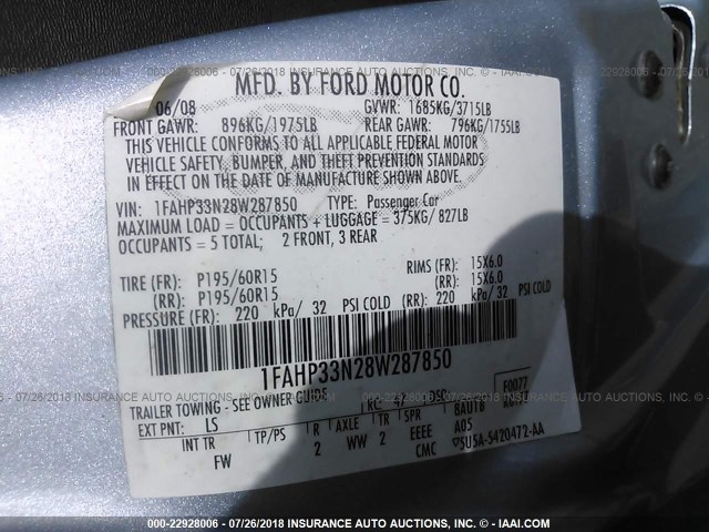 1FAHP33N28W287850 - 2008 FORD FOCUS SE/SEL/SES Light Blue photo 9