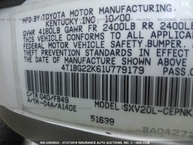 4T1BG22K61U779179 - 2001 TOYOTA CAMRY CE/LE/XLE 白色 照片 9