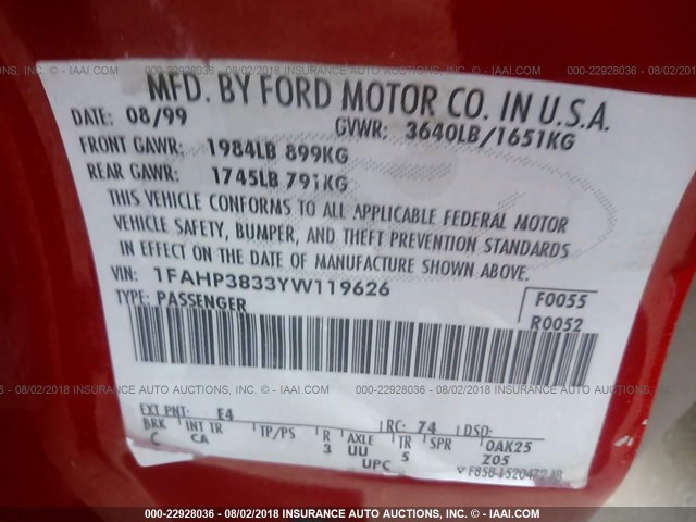 1FAHP3833YW119626 - 2000 FORD FOCUS ZTS RED photo 9