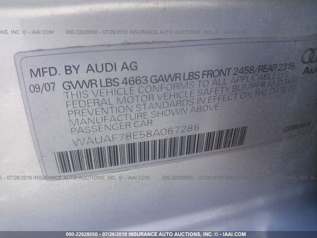 WAUAF78E58A067286 - 2008 AUDI A4 2.0T SILVER photo 9