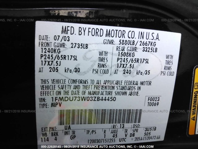 1FMDU73W03ZB44450 - 2003 FORD EXPLORER XLT/XLT SPORT/NBX 黑色 照片 9