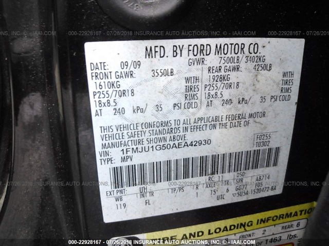 1FMJU1G50AEA42930 - 2010 FORD EXPEDITION XLT BLACK photo 9