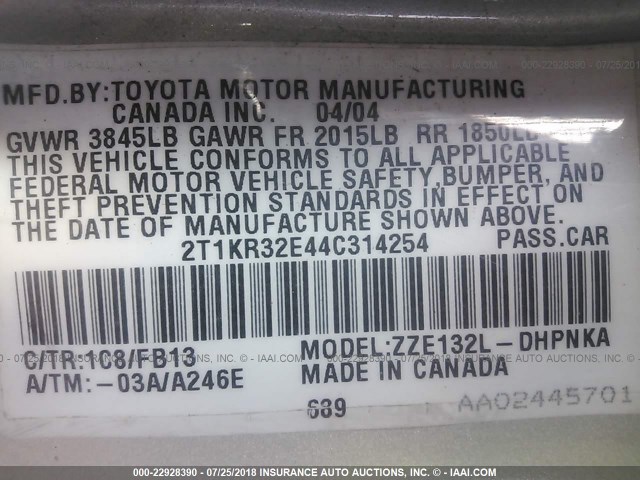 2T1KR32E44C314254 - 2004 TOYOTA COROLLA MATRIX XR SILVER photo 9