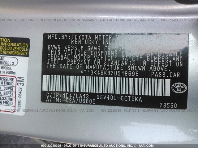 4T1BK46K87U518696 - 2007 TOYOTA CAMRY NEW GENERAT LE/XLE/SE SILVER photo 9