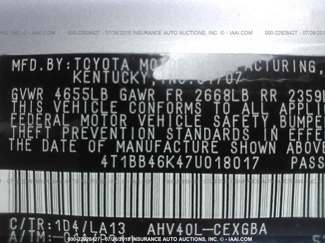 4T1BB46K47U018017 - 2007 TOYOTA CAMRY NEW GENERAT HYBRID SILVER photo 9