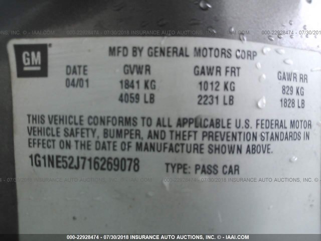 1G1NE52J716269078 - 2001 CHEVROLET MALIBU LS GRAY photo 9