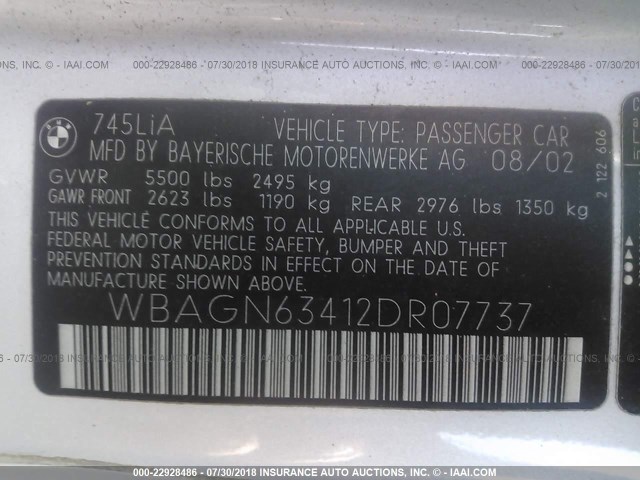 WBAGN63412DR07737 - 2002 BMW 745 LI فضي صورة 9