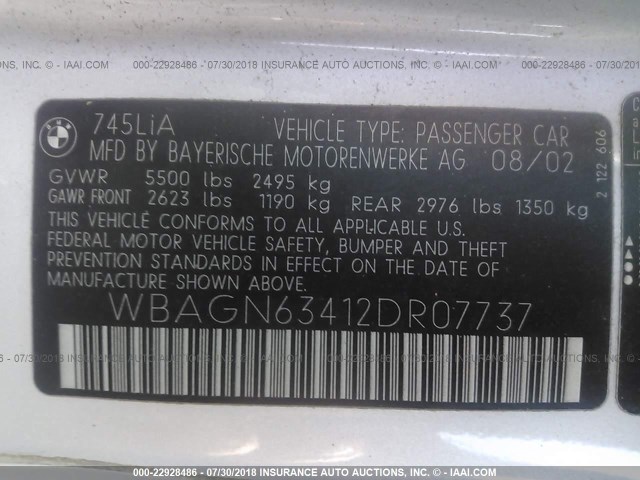 WBAGN63412DR07737 - 2002 BMW 745 LI SILVER photo 9