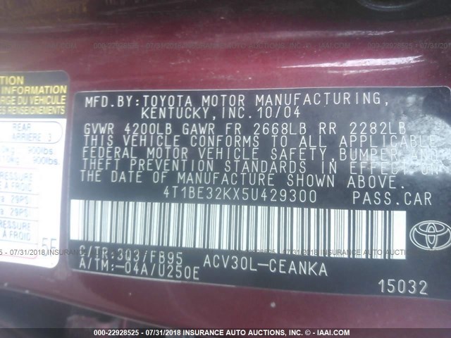 4T1BE32KX5U429300 - 2005 TOYOTA CAMRY LE/XLE/SE RED photo 9