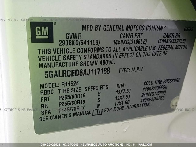 5GALRCED6AJ117188 - 2010 BUICK ENCLAVE CXL თეთრი ფოტო 9