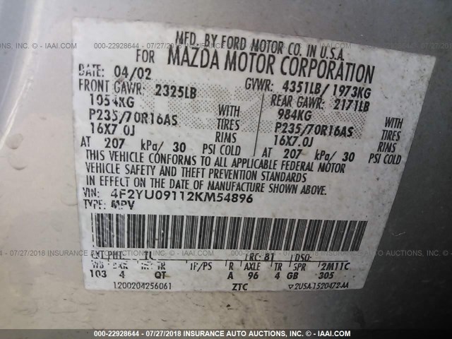 4F2YU09112KM54896 - 2002 MAZDA TRIBUTE LX/ES 银色 照片 9