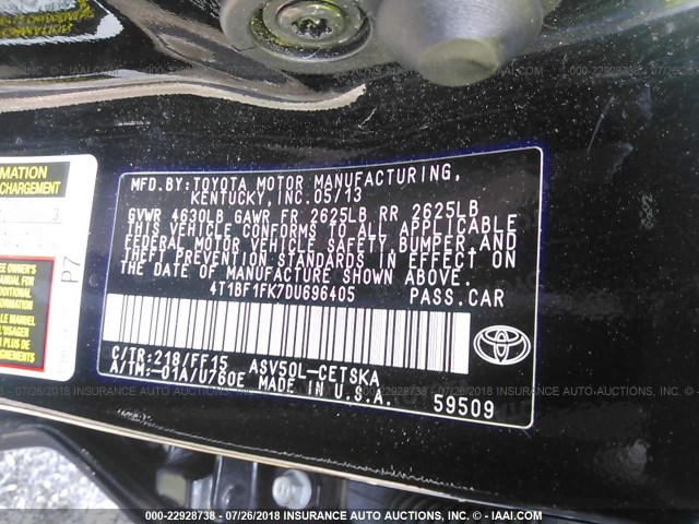 4T1BF1FK7DU696405 - 2013 TOYOTA CAMRY L/SE/LE/XLE შავი ფოტო 9