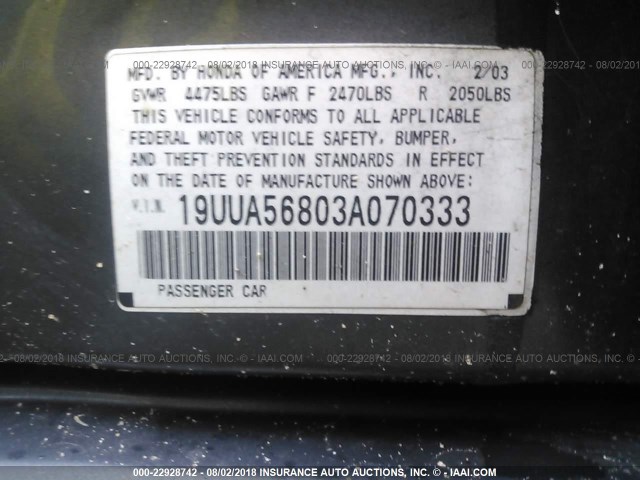 19UUA56803A070333 - 2003 ACURA 3.2TL TYPE-S GRAY photo 9