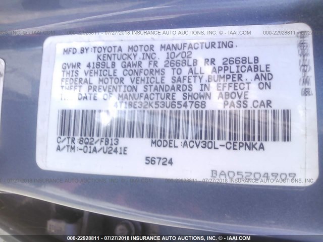 4T1BE32K53U654768 - 2003 TOYOTA CAMRY LE/XLE/SE Mavi foto 9
