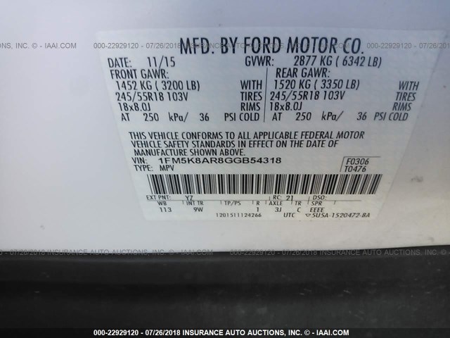 1FM5K8AR8GGB54318 - 2016 FORD EXPLORER POLICE INTERCEPTOR WHITE photo 9