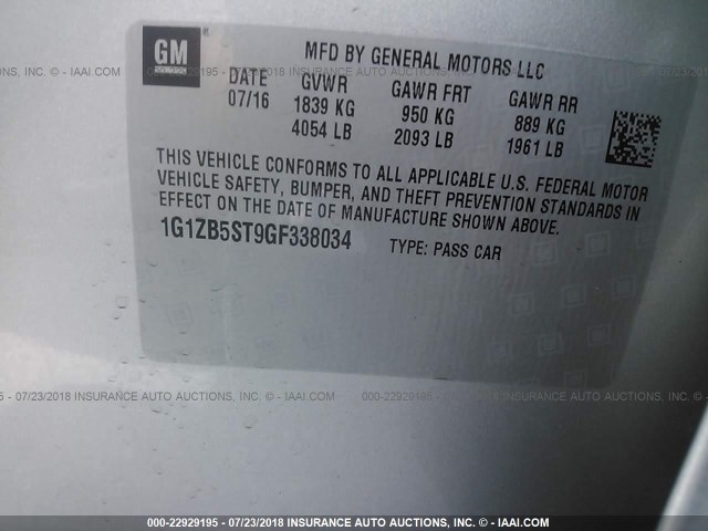 1G1ZB5ST9GF338034 - 2016 CHEVROLET MALIBU LS SILVER photo 9