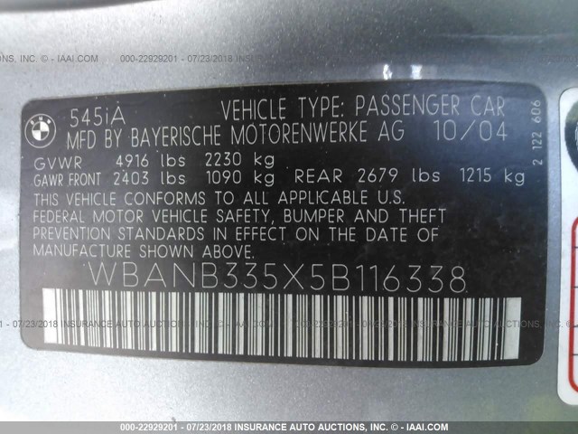 WBANB335X5B116338 - 2005 BMW 545 I GRAY photo 9