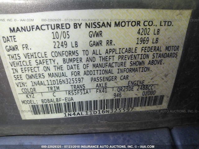 1N4AL11D16N325597 - 2006 NISSAN ALTIMA S/SL GRAY photo 9