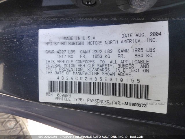 4B3AG52H85E010155 - 2005 DODGE STRATUS R/T BLUE photo 9