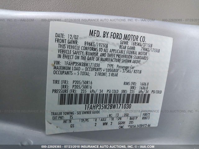 1FAHP35N28W171030 - 2008 FORD FOCUS SE/SEL/SES SILVER photo 9