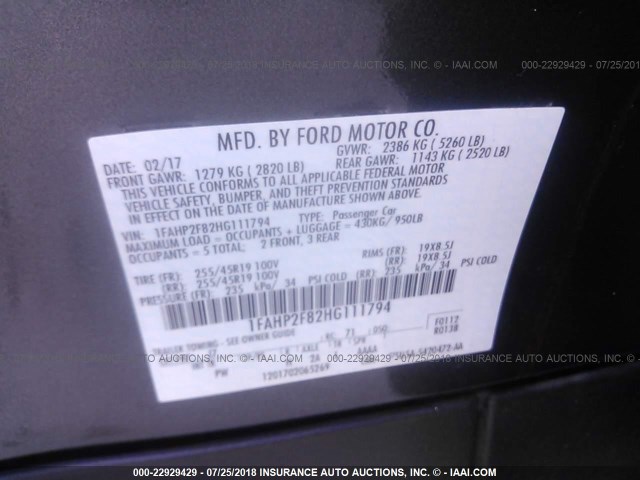 1FAHP2F82HG111794 - 2017 FORD TAURUS LIMITED BLACK photo 9