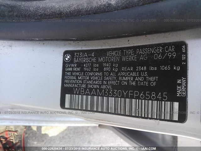 WBAAM3330YFP65845 - 2000 BMW 323 I SILVER photo 9