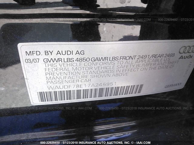 WAUDF78E17A245951 - 2007 AUDI A4 2.0T QUATTRO BLACK photo 9