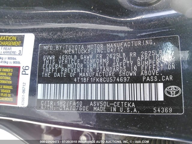 4T1BF1FK8CU574697 - 2012 TOYOTA CAMRY SE/LE/XLE BLACK photo 9