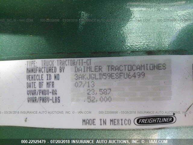 3AKJGLD59ESFU6499 - 2014 FREIGHTLINER CASCADIA 125  GREEN photo 10