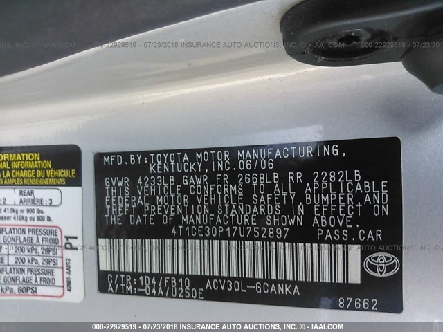 4T1CE30P17U752897 - 2007 TOYOTA CAMRY SOLARA SE/SLE Gümüş foto 9