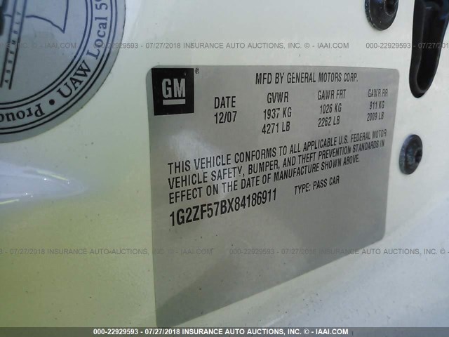 1G2ZF57BX84186911 - 2008 PONTIAC G6 VALUE LEADER/BASE WHITE photo 9