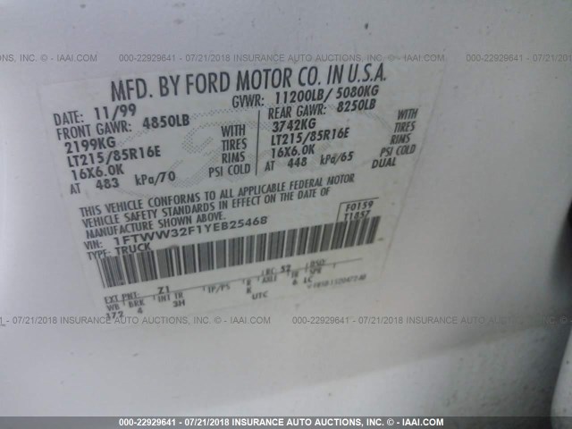 1FTWW32F1YEB25468 - 2000 FORD F350 SUPER DUTY WHITE photo 10