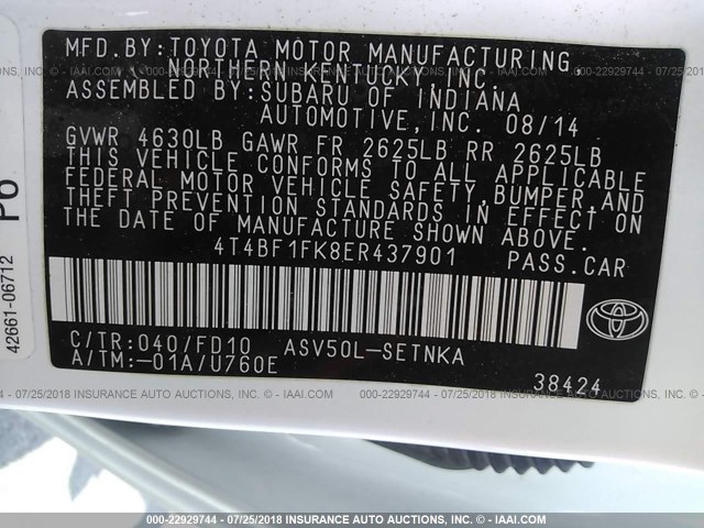 4T4BF1FK8ER437901 - 2014 TOYOTA CAMRY L/SE/LE/XLE 白色 照片 9