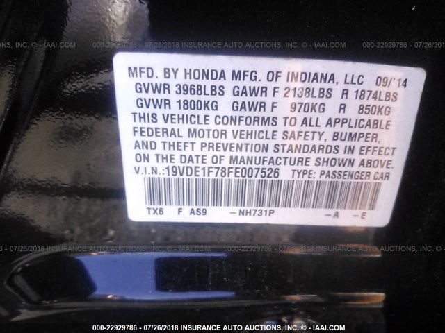 19VDE1F78FE007526 - 2015 ACURA ILX 20 TECH BLACK photo 9