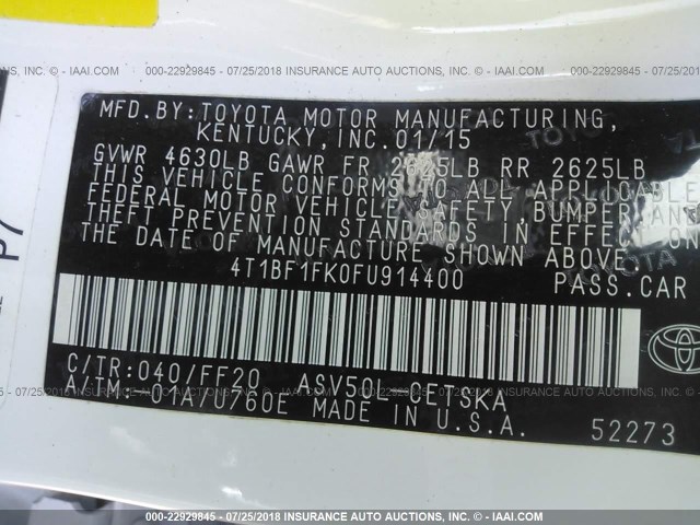 4T1BF1FK0FU914400 - 2015 TOYOTA CAMRY LE/XLE/SE/XSE WHITE photo 9